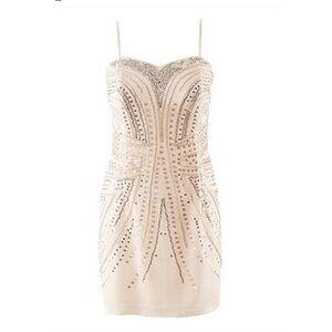 H&M Party Beaded Beige dress Sz 6 Mini Wedding  Sexy Bodycon Cocktail